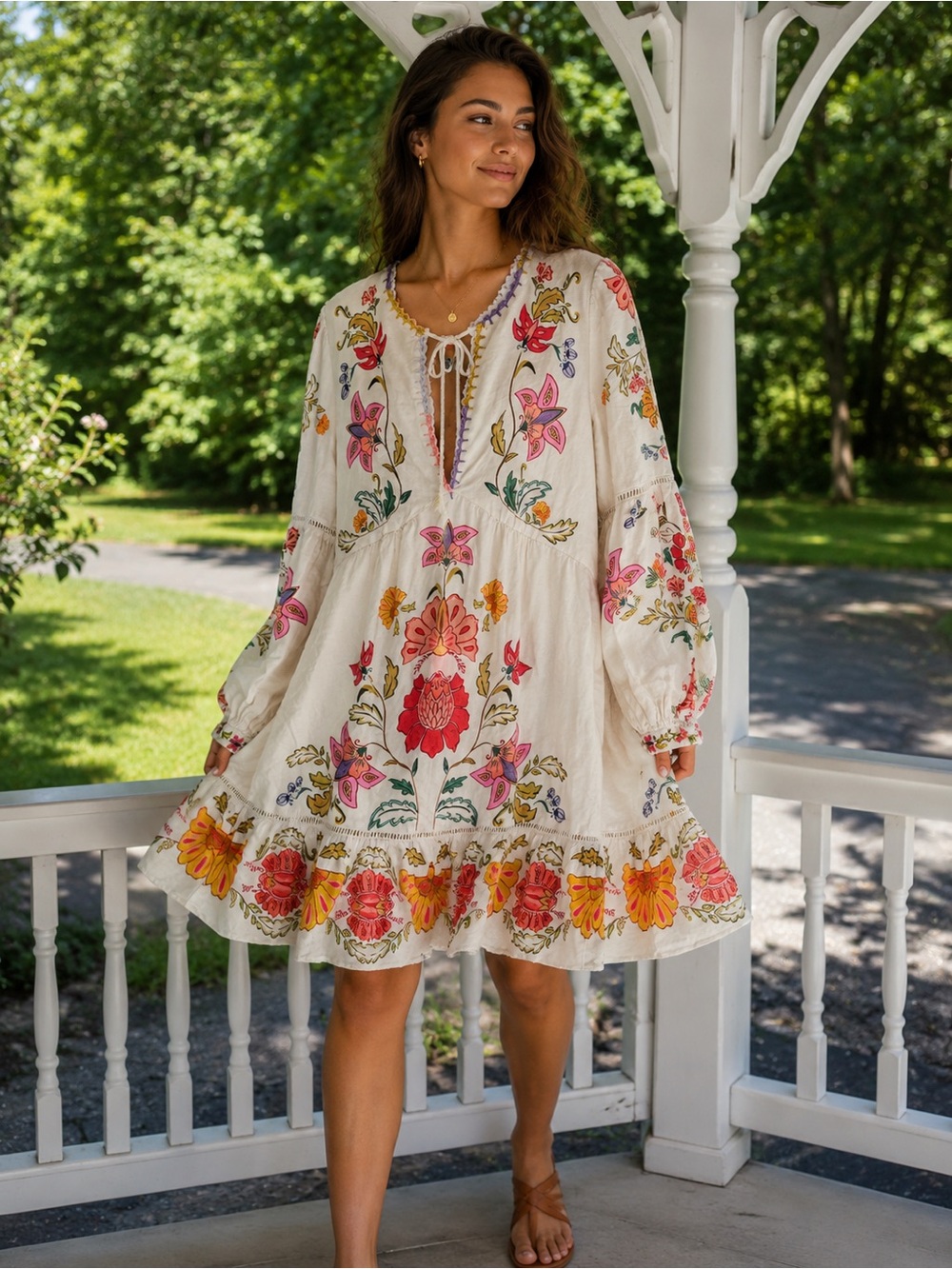 FARM Rio Ivory Mini Dress with Red, Pink & Yellow Floral Embroidery